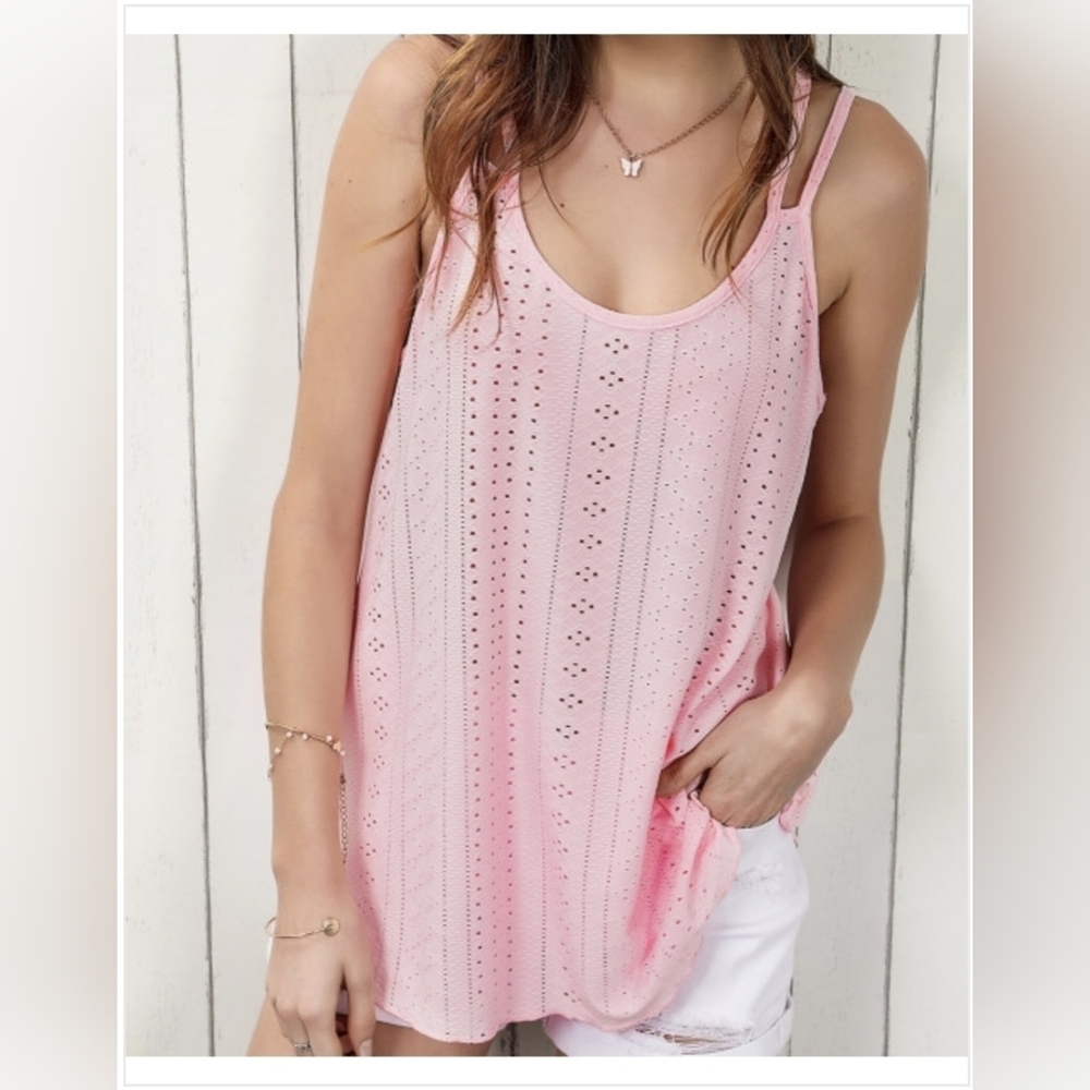 Eyelet Strappy Scoop-Neck Tank Top Light Pink Size Large NWOT